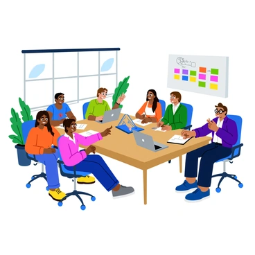 A diverse team of designers, including individuals of various ethnic backgrounds such as Asian, Black, Hispanic, and Caucasian, collaborates in a modern office setting. The team members are seated around a large, rectangular table covered with design sketches, color palettes, and laptops. One designer with glasses is pointing at a sketch on a digital tablet, while another is taking notes. A large window in the background allows natural light to illuminate the space, and indoor plants are placed around the room, adding a touch of greenery. Each designer displays a focused expression, actively engaged in the discussion. A whiteboard nearby holds colorful sticky notes and brainstorming ideas.