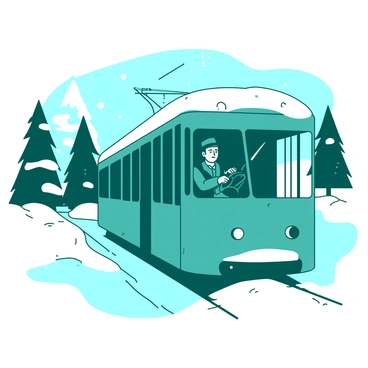 A teal tram is being driven by a focused driver, who is wearing a dark coat and a hat. The tram is traversing through a snowy landscape, with snow covering the ground and fluffy white snow-capped trees lining the route. The driver has both hands on the steering wheel, and the large front window of the tram shows a view of the serene winter scenery. Soft white flakes are drifting down from the sky, adding to the winter ambiance of the scene.