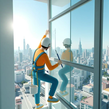 A worker cleaning large glass windows on a skyscraper with a bright cityscape background