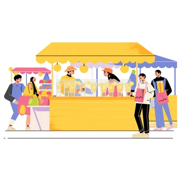 A colorful lemonade stand with a bright yellow awning is set up in a bustling market. The stand has a wooden counter filled with glasses of frosty "limoncello spritzes" garnished with slices of lemon. Behind the counter, a cheerful vendor wearing a straw hat is pouring drinks into the glasses. Surrounding the stand, various market stalls display vibrant fruits and handmade goods, while shoppers hold bags and chat with each other. In the background, people are walking by, adding to the lively atmosphere of the market.