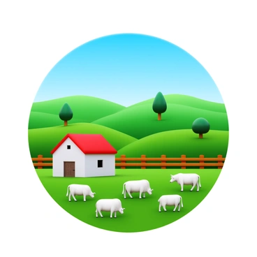 A scenic rural scene featuring rolling green hills under a clear blue sky. In the foreground, there is a charming farmhouse with a red roof and white walls. Surrounding the farmhouse, several cows and sheep are grazing peacefully in the lush grass. A wooden fence lines the property, adding to the pastoral feel of the landscape. In the distance, a few trees dot the hills, providing shelter for the animals.