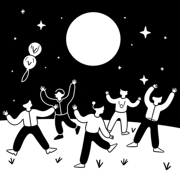 A group of children in various styles of pajamas dancing energetically. They are surrounded by a grassy area illuminated by the light of a bright full moon above. Twinkling stars are scattered across the night sky. Some children are leaping and spinning while others are clapping their hands. A few colorful balloons float nearby, adding festive elements to the scene. The atmosphere is lively and joyful, capturing the essence of a playful night.