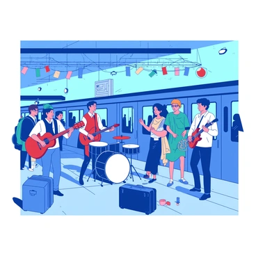 A blue train station is bustling with activity, featuring a live band performance in the center. Musicians play various instruments, including a red guitar, a white drum set, and a teal saxophone. Passengers of different ages and styles gather around, some clapping along to the rhythm while others capture moments on their phones. Luggage sits by their feet, and colorful banners hang from the station’s ceiling, enhancing the lively atmosphere. The scene captures the excitement of travel paired with the joy of music.