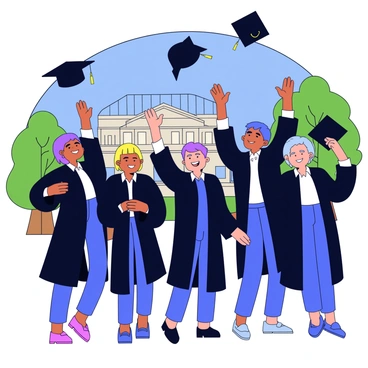 A group of graduates wearing traditional black caps and gowns stands together in a celebratory pose. The graduates have varied hairstyles and expressions of joy. Each graduate holds their cap in one hand, while the other hand is raised high in the air. In the background, the recognizable architecture of Kingston University is visible, with trees and greenery surrounding the scene. The sky is bright blue, providing a vivid backdrop for the moment. The caps are in mid-air, capturing the excitement of the occasion.