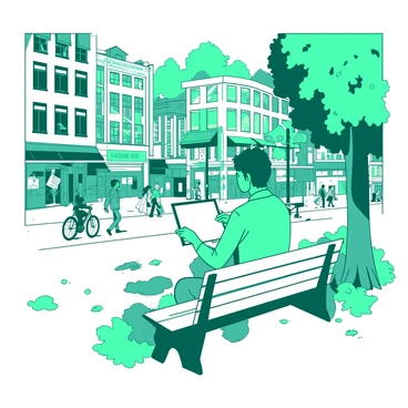 A teal artist is sitting on a white park bench, intently sketching a bustling city street scene in front of them. The artist is holding a pencil in one hand and a sketchbook in the other, capturing the movement of people walking by. In the background, a variety of colorful buildings line the street, with a mix of shops and cafes bustling with activity. Various pedestrians, including a couple of children playing, a woman carrying shopping bags, and a man on a bicycle, are visible in the scene. Trees surround the park bench, their leaves gently rustling in the breeze.