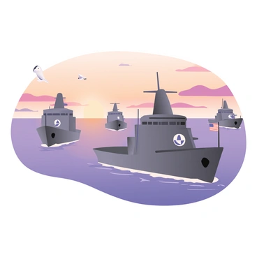 A digital flat illustration depicting a NATO naval fleet composed of several warships sailing in formation across a calm sea. The warships are in varying shades of grey and blue, with their flags displaying the NATO insignia prominently. The sea appears smooth and reflective, capturing the warm hues of the sunset. The sky is filled with shades of orange, pink, and purple, creating a vibrant backdrop. Subtle waves can be seen gently lapping against the hulls of the ships. A few seagulls are flying in the distance, adding to the maritime atmosphere of the scene.
