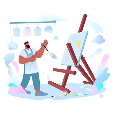 An artist using a giant lever as a painting easel in a whimsical art studio