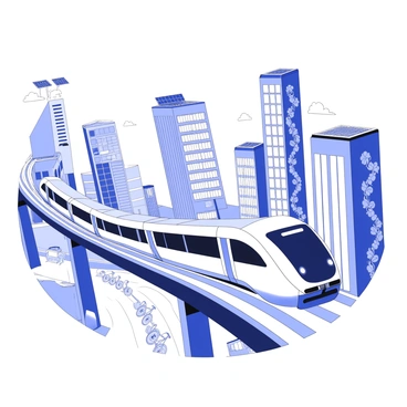 A futuristic metro train is gliding smoothly along elevated tracks in a bustling cityscape. The train features a sleek, streamlined design with large panoramic windows and aerodynamic contours. Each carriage is illuminated by soft internal lighting, and the exterior is adorned with digital displays showing destination information. The city below is filled with tall, modern skyscrapers that have solar panels on rooftops. There are lush vertical gardens climbing the sides of the buildings, and bike lanes are visible along the streets, indicating a commitment to green living. The sky above is clear, and the overall scene conveys a sense of advanced urban infrastructure.