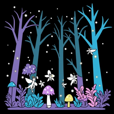 A dense forest filled with tall trees, their trunks covered in a layer of soft moss. The scene is illuminated by plants emitting bright, glowing colors, ranging from vibrant greens to deep purples. Tiny fairies with delicate wings flit between the leaves and flowers, leaving a soft trail of light in their wake. Some fairies are perched on the glowing plants while others are hovering in the air, their intricate features visible in the gentle glow. The ground is scattered with ferns and small luminescent mushrooms, adding to the enchanting atmosphere of the forest.