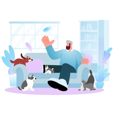 A man with gray hair is sitting on a plush sofa in a comfortable living room. He is surrounded by several small dogs and cats, busily playing and interacting with them. The man is wearing a cozy sweater, and he is gently tossing a toy for one of the dogs to catch. Sunlight is streaming through large windows, illuminating the room filled with soft furniture and warm-colored decor. A large bookshelf filled with books is visible in the background, alongside a few potted plants.