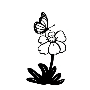 A black-and-white illustration of a butterfly with intricate wing patterns landing on a flannel flower. The flower has wide, textured petals and a cluster of detailed leaves surrounding its base. The butterfly's wings are partially open, showcasing their delicate shape and design. The composition emphasizes the gentle interaction between the butterfly and the flower, with the scene set in a natural environment.