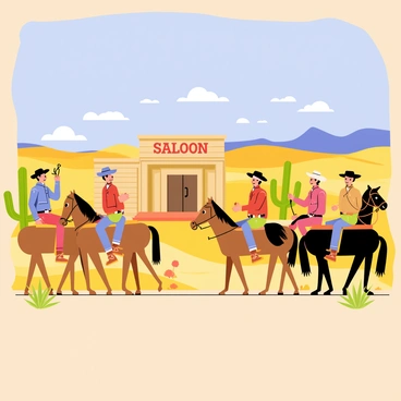 A mural depicting a vibrant scene of the Wild West. The foreground features several cowboys in hats, riding on brown and black horses. Each cowboy holds a lasso and wears rugged clothing. The background showcases a vast desert landscape with golden sand dunes, scattered cacti, and distant mountains under a bright blue sky. A few fluffy clouds float lazily above, enhancing the feeling of an expansive wilderness. In the midground, a wooden saloon stands, with swinging doors slightly ajar.