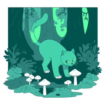 A teal cat with bright green eyes is walking cautiously through a dense forest filled with large trees and thick underbrush. The ground is covered in rich, dark soil, with ferns and small plants growing around. Scattered throughout the forest floor are clusters of glowing mushrooms in varying sizes, emitting an ethereal light. The cat’s tail is raised high as it curiously examines one of the mushrooms, its whiskers twitching with intrigue. The surrounding trees have twisting branches and vibrant leaves that filter the light, creating a magical atmosphere in the forest.
