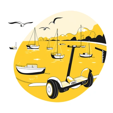 A Segway parked beside a harbor, with its handlebar pointing toward the water. The surface of the harbor is smooth, reflecting the surroundings. Several boats are anchored in the harbor, some bobbing gently with the water's movement. A few seagulls are flying above, their wings spread wide as they glide in the sky. The scene includes some details of the harbor, such as mooring posts and ropes, and a distant shoreline lined with trees.