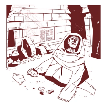 An ancient mummy with tattered linen bandages is partially unwrapping itself in the center of a dusty, long-lost tomb. The mummy's face is revealed, showing an expression of surprise. The tomb is filled with cobwebs and scattered artifacts, such as broken pottery and faded hieroglyphics on the stone walls. Rays of light filter through cracks in the ceiling, illuminating particles of dust in the air. In the background, crumbling stone sarcophagi and ancient relics hint at the tomb's rich history.