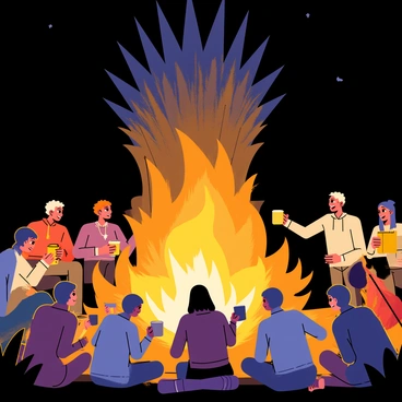 A large bonfire burning brightly at night, casting warm light and shadows around the scene. In front of the bonfire, there is an imposing "Iron Throne" made of dark, jagged metal, reflecting the flickering flames. Groups of people are seated around the bonfire, some leaning in closely, their faces illuminated by the firelight. They are animatedly telling stories, with expressive hand gestures and smiles. The surrounding area is filled with trees and darkness, adding to the intimate atmosphere of the gathering. Some people are holding mugs, while a few have instruments, ready to share songs in the lively evening.