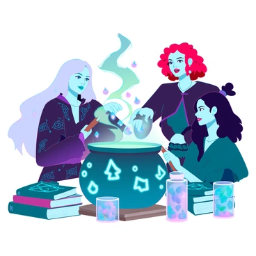 A group of three witches with diverse appearances are gathered around a large cauldron, which emits a glowing, green hue. The first witch has long, flowing silver hair and wears a dark, intricately patterned robe adorned with mystical symbols. The second witch has short, curly red hair and is wearing a deep purple cloak that drapes elegantly over her shoulders. The third witch has straight black hair tied back and is dressed in a green garment that complements the color of the potion. 

They are all intently focused on the cauldron, which bubbles and releases wisps of emerald smoke. Each witch holds a different ingredient: one is dropping vibrant, luminescent crystals, another is stirring the mixture with a wooden stick, and the third is pouring a vial of shimmering liquid into the cauldron. Ancient, weathered books filled with arcane knowledge are laid out on a nearby table, surrounded by jars filled with various herbs and oddities.
