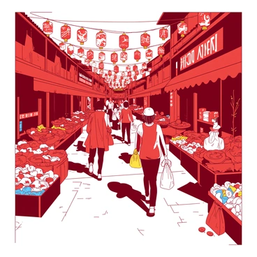 A red Chinatown market is filled with numerous colorful lanterns hanging overhead, illuminating the scene. Stalls display a variety of fresh fruits and vegetables, with vibrant colors creating a lively atmosphere. Busy shoppers weave through the aisles, carrying bags filled with goods. A vendor is seen interacting with a customer, showcasing brightly packaged snacks. The ground is paved with cobblestones, adding to the authenticity of the market experience.