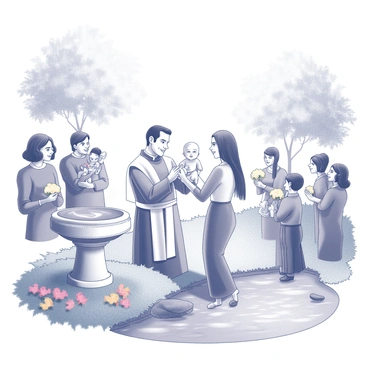 A scene depicting a baptism ceremony in a serene outdoor setting. In the foreground, a wooden font is placed on a grassy area, surrounded by colorful flowers. A gentle stream flows nearby, with a few small rocks scattered along the bank. In the center, a proud parent holds their infant above the water, while a smiling priest, dressed in traditional robes, stands next to them, ready to perform the baptism. Soft sunlight filters through the leaves of nearby trees, creating a warm and inviting atmosphere. On the side, a group of family members watches joyfully, some holding flowers and others taking pictures. The overall composition conveys a sense of celebration and community.