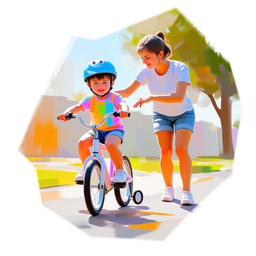 A child wearing a helmet, wobbly on their bike, with a parent encouraging them