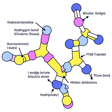 A colorful map depicting a protein's tertiary structure. The structure is represented with various colors to highlight different interactions such as hydrogen bonds, disulfide bridges, and hydrophobic interactions. The map includes labeled sections indicating the locations of these interactions. There are arrows and lines connecting different parts of the protein, demonstrating how they interact with one another. Each section of the protein's structure is illustrated with distinct colors to enhance differentiation and clarity.