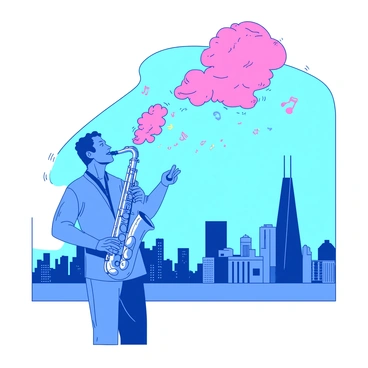 A blue musician is standing in the foreground, holding a shiny silver saxophone. As he plays, colorful notes, depicted as small vibrant symbols, are emerging from the instrument. These notes are swirling upwards, transforming into fluffy pink clouds that float above a detailed city skyline in the background. The skyline features a variety of buildings, including tall skyscrapers and smaller structures, all under a bright blue sky. The vibrant pink clouds are scattered across the blue sky, enhancing the energetic atmosphere of the scene.