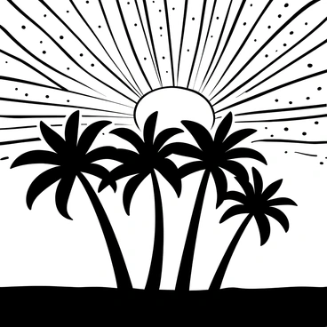 Silhouettes of multiple palm trees with slender trunks and fronds extending outward. The trees are arranged in a way that some overlap slightly, creating a layered effect. In the background, an expansive sky filled with intricate patterns and gradients representing a sunset, showcasing a variety of shades radiating from the horizon. The horizon line is defined, and the palm trees stand prominently in the foreground, contrasting against the sunset backdrop.