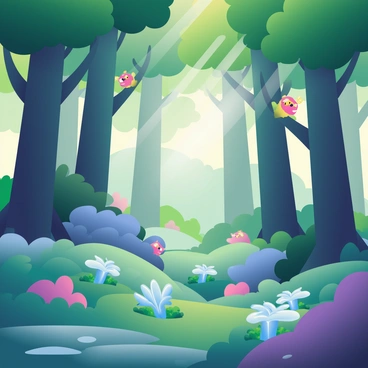 A dense forest filled with tall, majestic trees with thick trunks and lush green leaves is depicted. The ground is covered with soft moss in varying shades of green. Glowing plants with bright blue and purple bioluminescent features are scattered throughout the forest floor. Small, whimsical creatures with sparkling eyes are perched on branches and hiding among the foliage. Gentle beams of light filter through the canopy, illuminating patches of the ground and enhancing the enchanting atmosphere of the setting.