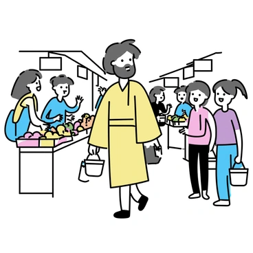 A man with long hair and a robe, walking through a bustling marketplace. He is smiling and engaging with various vendors, some of whom are displaying colorful fruits and vegetables. People of different ages are surrounding him, talking and laughing while carrying baskets and bags. The market stalls are filled with vibrant goods, and there are signs hanging above each vendor, indicating what they sell. The atmosphere is lively with a mix of colors and activities.