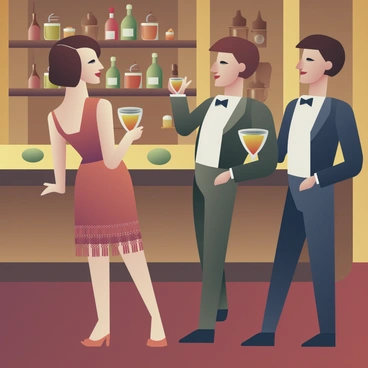 A 1920s cocktail party scene with elegantly dressed guests mingling and chatting, showcasing women in flapper dresses with beaded fringe and men in tuxedos with bow ties. The setting features a lavish bar with an array of colorful cocktail drinks, and guests are holding glasses while engaged in conversations. Chic decor elements, such as art deco patterns and vintage furnishings, add to the atmosphere of sophistication.