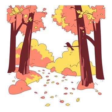 A duotone illustration of a nature trail covered with fallen leaves in various shades. The trail is flanked by tall trees with orange and yellow leaves, creating a vibrant canopy overhead. The ground is carpeted with a mix of yellow and orange foliage, leading the viewer's eye down the path. In the distance, a few small birds are perched on branches, their silhouettes visible against the backdrop of the trees. The atmosphere is tranquil, enhanced by the presence of soft light filtering through the leaves.