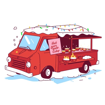 A festive truck is parked on a snowy street, adorned with colorful holiday lights twinkling brightly across its exterior. The truck has a bright red body and white accents, creating a cheerful appearance. Its windows are fogged up slightly, suggesting warmth inside. In front of the truck, there is a wooden counter with several steaming cups of hot apple cider arranged on it. A small sign hanging from the side of the truck reads, "Hot Apple Cider" in cursive letters. Snowflakes gently fall around the scene, adding to the winter atmosphere.