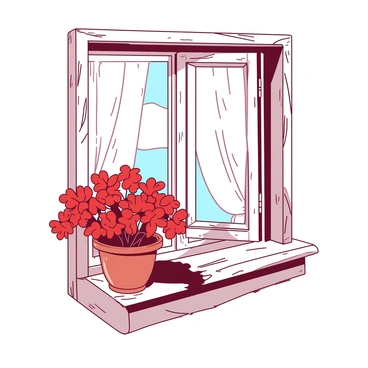 An old rustic window with peeling white paint is framed in weathered wood. The window is slightly ajar, allowing a gentle breeze to flutter the sheer white curtains. On the sill, there is a round terracotta pot filled with vibrant coquelicot flowers, their bright red petals contrasting beautifully against the earthy tones of the pot. The sunlight casts soft shadows of the flowers onto the sill, creating a warm and inviting scene.