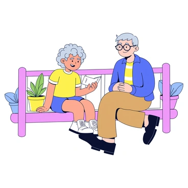 A child with curly hair is sitting on a wooden porch. The child is wearing a bright yellow shirt and blue shorts. Next to the child is a grandparent with glasses and gray hair, wearing a comfortable sweater and khaki pants. Both are smiling as they share stories. The porch has a simple railing and a few potted plants nearby.