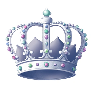 A royal crown adorned with numerous gemstones intricately set into its design. The crown features a traditional shape with a wide base tapering towards the top, embellished with ornate patterns. Each gemstone is distinct in shape and size, creating a vibrant array of details that catch the light. The gemstones are surrounded by elaborate metalwork, enhancing their brilliance and enhancing the crown's regal appearance.