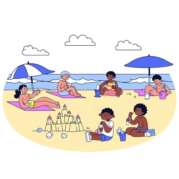 A beach scene featuring several people sunbathing on colorful beach towels. Some individuals are lounging under large umbrellas, while others are applying sunscreen. In the foreground, two children are actively building sandcastles with small plastic shovels and buckets. The sandcastles are intricately shaped, adorned with seashells. In the background, waves are gently crashing onto the shore, creating a frothy white foam at the water's edge. The sky is clear with a few fluffy clouds scattered above.