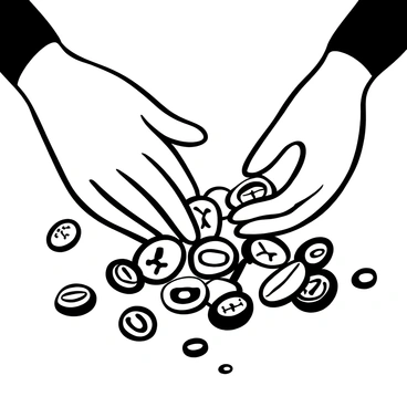 A pair of hands is shown rummaging through a scattered pile of various coins on a flat surface. The fingers are delicately sifting through the coins, with some coins partially obscured by others. A few coins are flipped over, revealing their detailed engravings and different shapes. The lighting creates subtle shadows, enhancing the texture of the coins and the hands. A sense of focus is conveyed as the hands search intently for a "specific lost coin" among the collection.