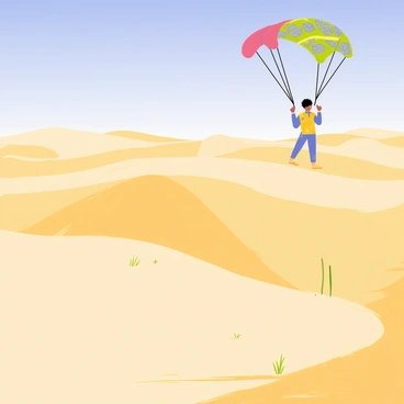A skydiver wearing a colorful jumpsuit is approaching the ground, preparing to land gracefully on the soft, golden sands of a vast desert. The skydiver's parachute is fully deployed, displaying vibrant patterns against the bright blue sky. In the background, large, rolling dunes stretch out toward the horizon, creating a wavy pattern in the sandy landscape. The sun casts long shadows across the dunes, highlighting their textured surface. Sparse vegetation can be seen scattered among the dunes, adding small pops of green to the scene.