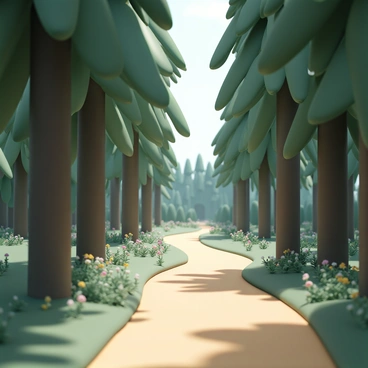 A narrow path winding through a dense forest, lined by tall trees with thick trunks and lush green foliage. Sunlight filters through the leaves, creating a play of light and shadows on the ground. The path is slightly overgrown with small ferns and wildflowers on either side, inviting exploration. In the distance, the path curves gently, leading to a mysterious clearing hidden among the trees.