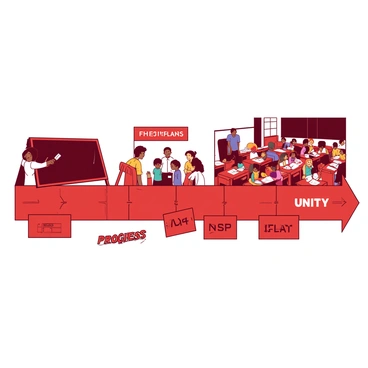 A red timeline spans across the image, marking significant events in the history of educational equality. On the left side, images of a blackboard and chalk illustrate the era of segregation, with a small white figure standing beside a large black figure to symbolize inequality. As the timeline progresses to the center, there are vibrant depictions of diverse children at desks sharing books, representing the fight for equality. The right side of the timeline features a modern classroom filled with children of various ethnicities engaging with technology and each other. Above the timeline, phrases such as "Progress" and "Unity" are displayed in bold white text, emphasizing the journey towards educational equality.
