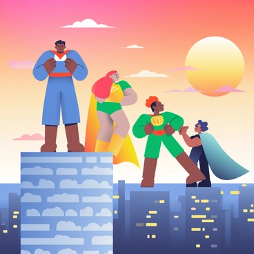 A diverse group of superheroes is standing atop a tall skyscraper as the sun sets in the background. The sky is filled with vibrant shades of orange, pink, and purple as the sun dips below the horizon. One superhero, a tall figure with dark skin and a blue suit, is striking a powerful pose with arms crossed. Next to them, a superhero with light skin and bright red hair wears a green outfit and is looking out over the cityscape. Another character, with medium skin and golden armor, is gesturing animatedly while sharing an idea. A cape billows behind a hero in a black costume as the wind picks up. The city below is bustling with activity, with lights beginning to sparkle as night approaches.