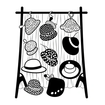 A vintage clothing rack made of dark wood holds multiple cloche hats arranged in a staggered manner. Each cloche hat features distinct patterns and textures, showcasing various designs such as floral prints, stripes, and polka dots. Some hats have decorative bands, while others are adorned with bows. The background consists of a softly textured fabric draped behind the rack, creating a sense of depth. The overall composition highlights the elegance and charm of the cloche hats, inviting viewers to admire their intricate details.