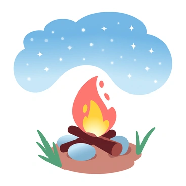 A small campfire is burning, with flames dancing and crackling softly, surrounded by glowing embers. The fire is set on a patch of earth, accompanied by smooth round stones arranged in a circle. Above the campfire, a vast starry night sky is visible, filled with numerous bright stars scattered across the dark expanse. The atmosphere is illuminated by the warm light of the flames, casting gentle flickering shadows on nearby grass.