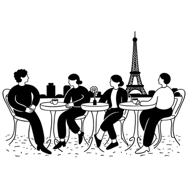 A Parisian cafe with elegant wrought-iron chairs and a view of the Eiffel Tower