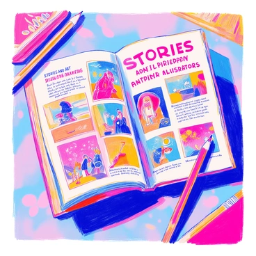 A program booklet is lying open on a table. It features a colorful cover that displays the title "Stories and Art from Participating Illustrators" in bold, eye-catching typography. The inside pages showcase a variety of illustrations, each surrounded by a short story or description. The illustrations display different themes and styles, featuring vibrant colors and intricate details. The booklet is filled with artistic elements, such as swirling patterns and decorative borders. A few pages are slightly turned as if someone has been reading it. A pencil rests next to the booklet, hinting at the creative process involved.