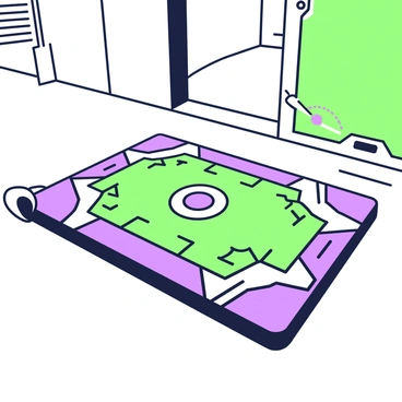 A futuristic doormat is displayed at the entrance of a modern home. The doormat features intricate tech-inspired designs with geometric patterns. The surface of the doormat is textured, showing a combination of raised and flat elements. The edges of the doormat are well-defined, giving it a structured look. In the center, there is a circular emblem that stands out against the background design. The doormat is slightly curled at one corner, as if recently unrolled, and is placed on a sleek, polished floor.
