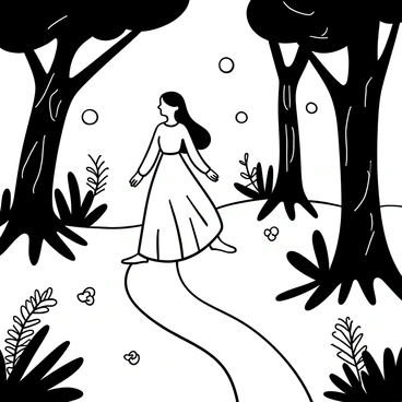 Juliet wearing a flowing dress, walking carefully on a winding path in an enchanted forest. The trees are tall and twisted, with intricate bark patterns, and the ground is covered in lush foliage. Soft, glowing orbs float gently around her, illuminating the path. There are scattered wildflowers and delicate ferns on either side of the path, enhancing the magical atmosphere. The overall scene conveys a sense of wonder and tranquility.