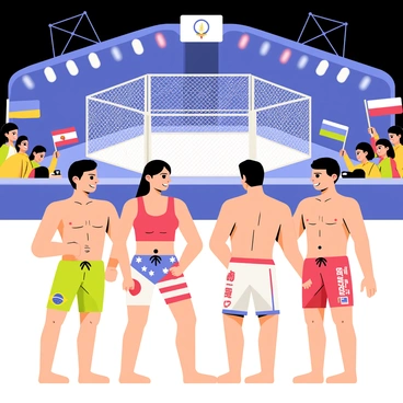 A scene depicting "MMA fighters" representing "different countries" in a global tournament setting. In the foreground, there are "four fighters" in brightly colored shorts, each displaying their national flags. The first fighter, a muscular man from Brazil, has green and yellow shorts with the Brazilian flag. The second fighter, a woman from Japan, wears a red and white outfit with the rising sun emblem. The third fighter, a tall man from the USA, is in blue and red shorts, showcasing the American flag. The fourth fighter, a strong man from Russia, sports a unique combination of red and white shorts with a double-headed eagle. 

In the background, there is a large octagonal cage surrounded by enthusiastic spectators waving flags of various countries. Bright lights illuminate the arena, and a dramatic scoreboard hangs above, displaying the tournament logo.