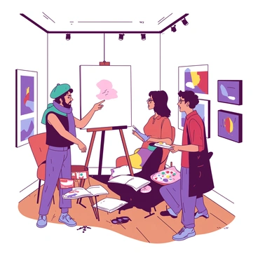 A group of three artists is gathered in a quiet corner of the gallery, deeply engaged in discussing and critiquing illustrations. One artist, wearing a teal beret, is pointing at a large white canvas mounted on the wall, emphasizing a particular detail. The second artist, with glasses and a purple scarf, is holding a sketchbook while nodding thoughtfully. The third artist, dressed in a red shirt, has a palette in one hand and is listening attentively. In the background, colorful illustrations are displayed on the gallery walls, creating a vibrant atmosphere. The floor is polished wood, reflecting the soft light from overhead spotlights, enhancing the focus on the artists' animated conversation.