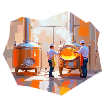 A spacious brewery interior containing large copper vats filled with brewing beer. The vats gleam in the warm light, reflecting the surrounding environment. Several workers, dressed in aprons and caps, are actively monitoring the brewing process. One worker is adjusting the temperature gauge on a vat, while another is stirring the contents of a different vat with a long spoon. The room is filled with the rich, amber color of the brew, and steam gently rises from the vats, creating a dynamic atmosphere of activity and craftsmanship.